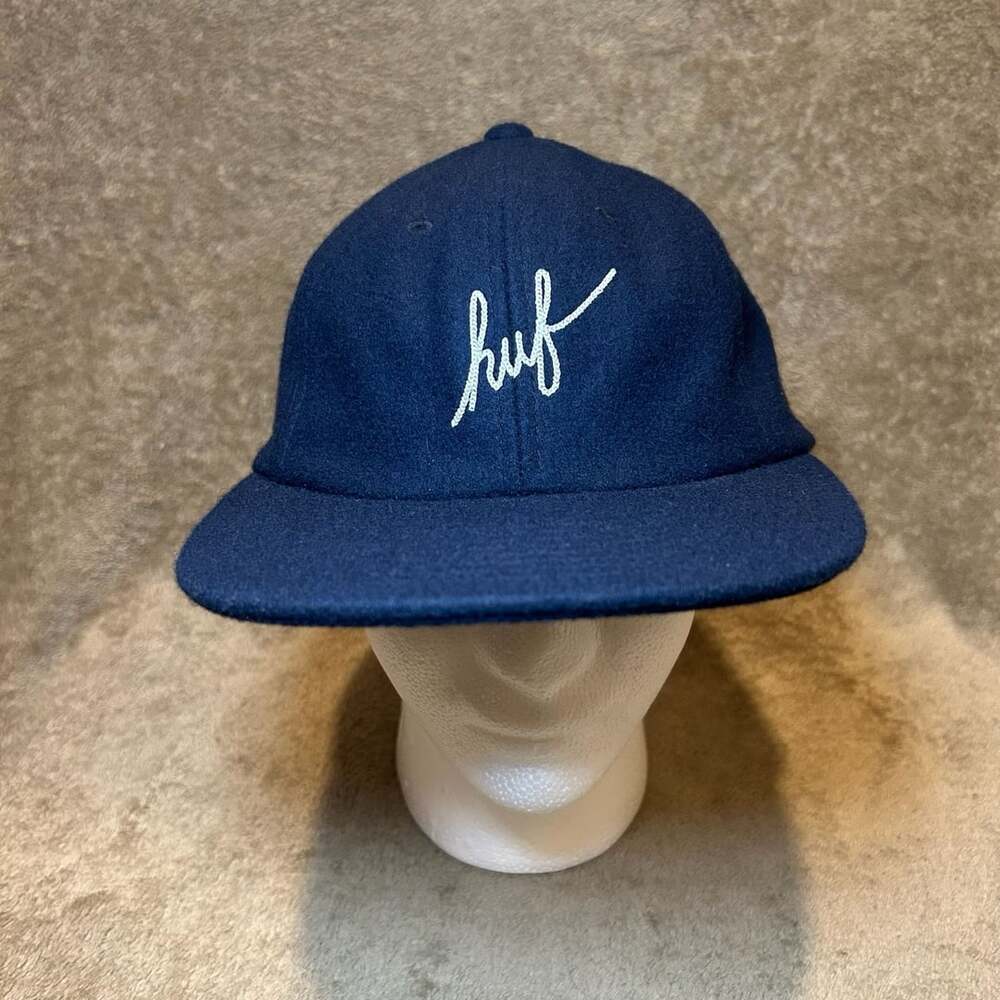 Huf Navy Blue Wool Script Logo Panel Leather Strapback Cap Hat
